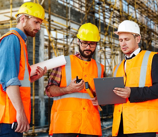 Trabajadores utilizando equipo de protección personal en una construcción.